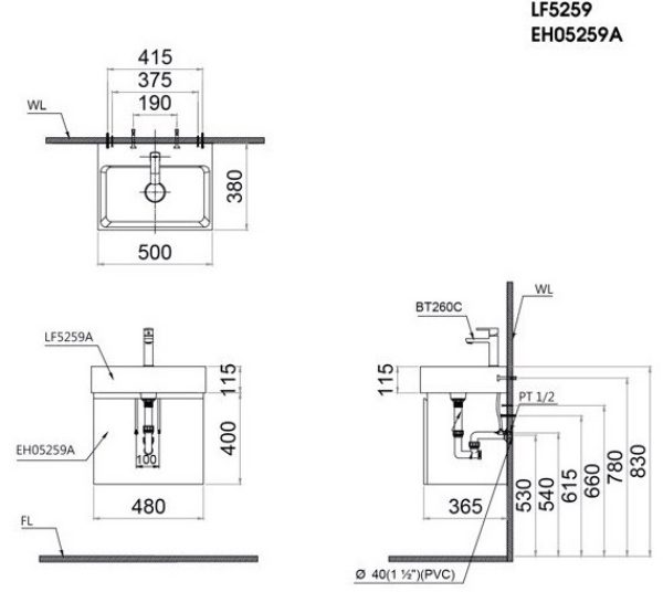 Bản vẽ kỹ thuật Bộ tủ lavabo Caesar LF5259/EH05259ATGV