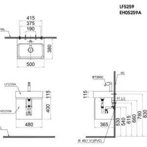 Bản vẽ kỹ thuật Bộ tủ lavabo Caesar LF5259/EH05259AV