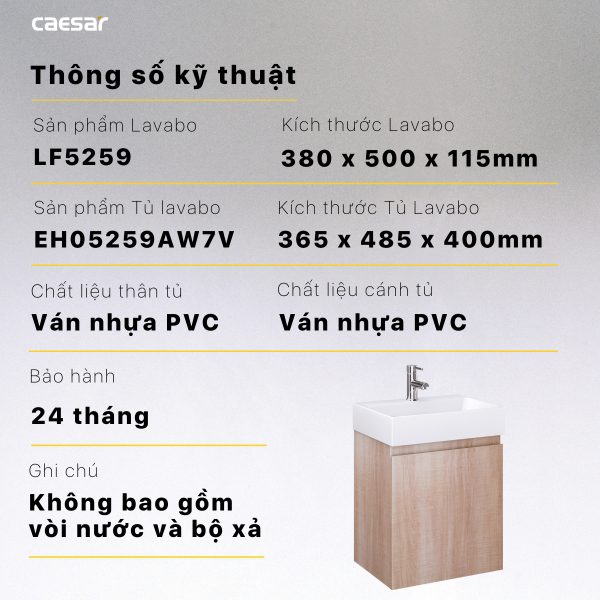 Thông số kỹ thuật Bộ tủ lavabo Caesar LF5259/EH05259AW7V