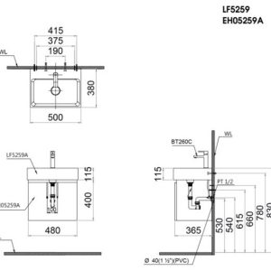 Bản vẽ kỹ thuật Bộ tủ lavabo Caesar LF5259/EH05259AWV