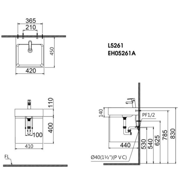 Bản vẽ kỹ thuật Bộ tủ lavabo Caesar LF5261+EH05261AV