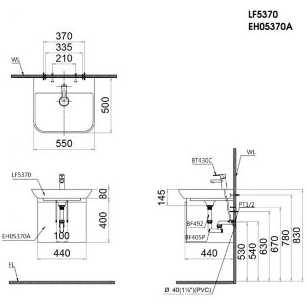 Bản vẽ kỹ thuật Bộ tủ lavabo Caesar LF5370/EH05370AV