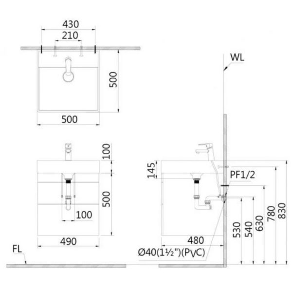 Bản vẽ kỹ thuật Bộ tủ lavabo Caesar LF5380/EH05380DWV