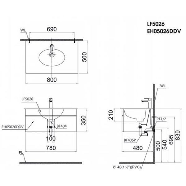 Bản vẽ kỹ thuật tủ lavabo Caesar EH05026DDV
