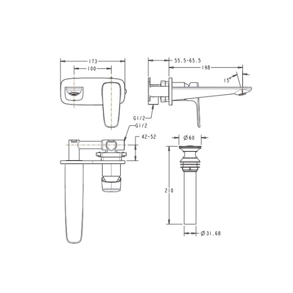 Vòi lavabo American Standard WF-1704WS gắn tường nóng lạnh
